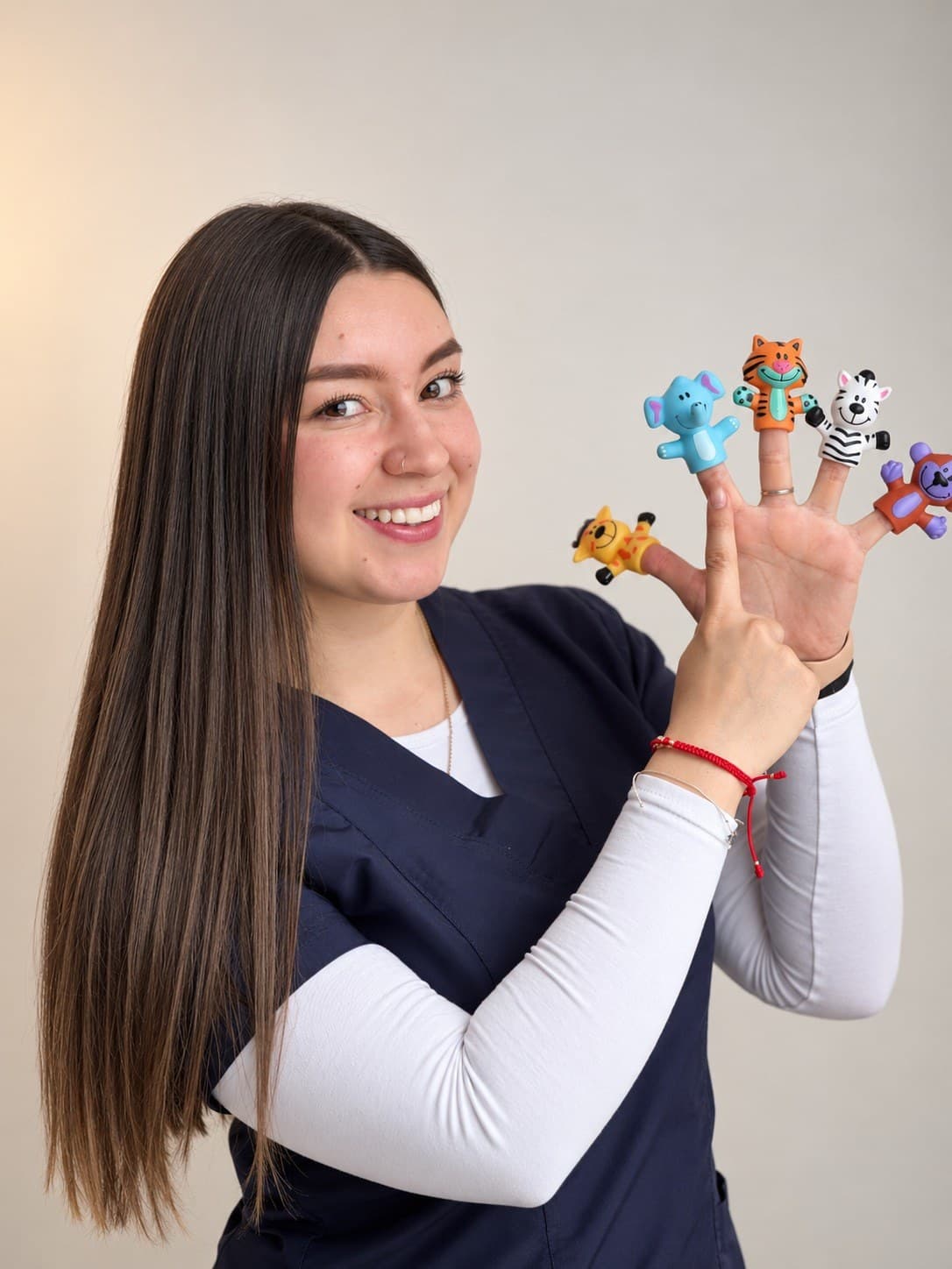 Lina Rodríguez con títeres de dedo, materiales de terapia infantil